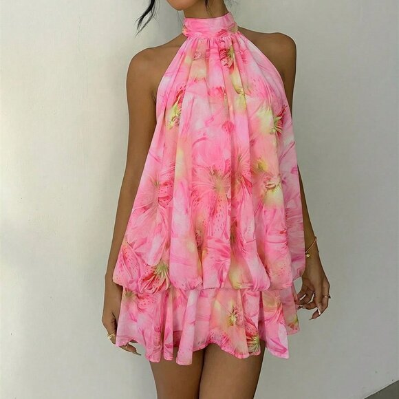 Light Pink Boho Women's Elegant Floral Print Halter Mini Dress - Picture 6 of 7